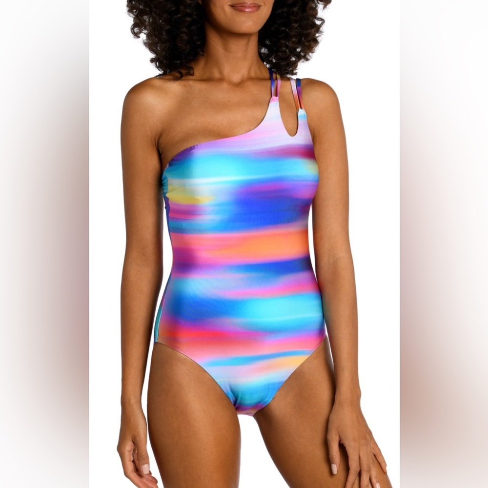 NWT La Blanca Rainbow Swimsuit One Shoulder Strappy One Piece 14